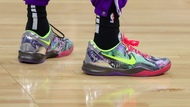 Sacramento Kings guard Tyrese Haliburton wears the Nike Kobe 8 'Prelude' shoes during the 2021-22 NBA season.